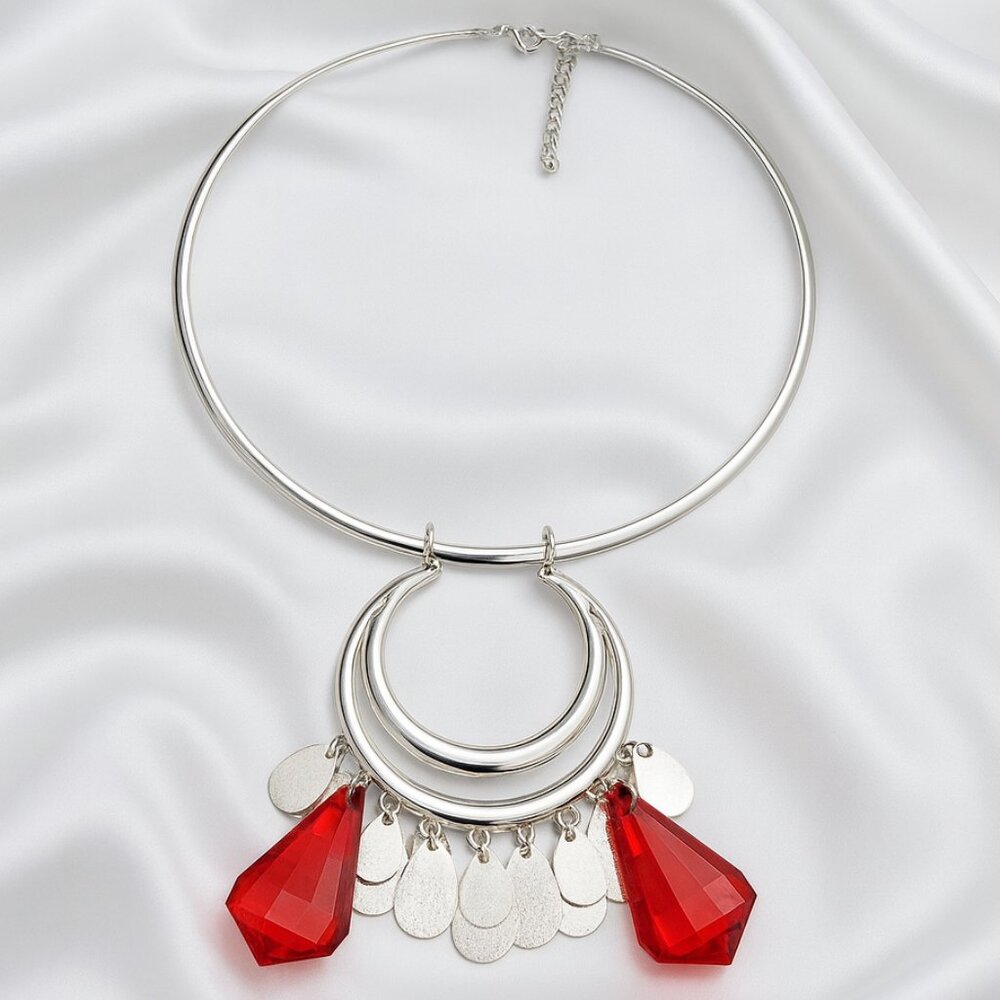Modern Choker Necklace with Red Crystal Teardrop Drops – Statement Jewelry
